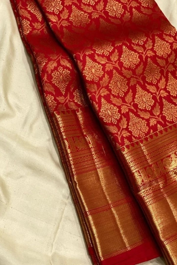 Bridal Red Banarasi Soft Silk Saree with All-Over Gold Zari Jaal and Heavy Woven Border  in Surat