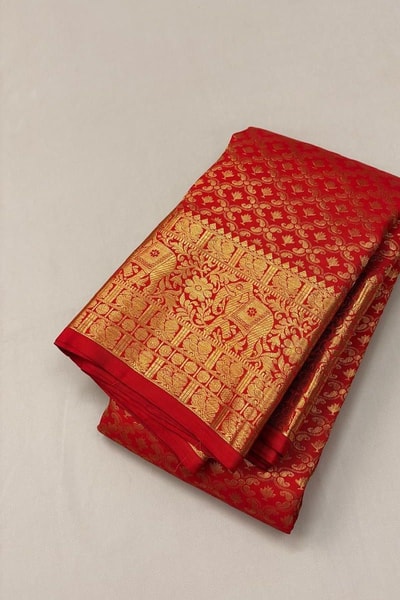 Bright Red Banarasi Soft Silk Saree with Diamond Zari Jaal and Striped Gold Pallu in Surat