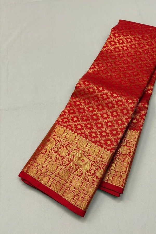 Bright Red Banarasi Soft Silk Saree with Diamond Zari Jaal and Striped Gold Pallu  in Surat