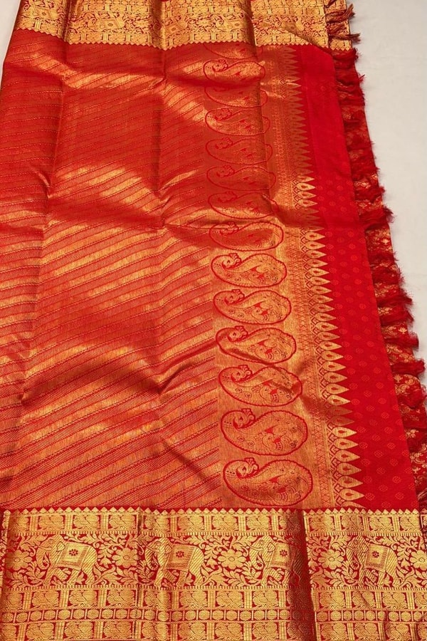Bright Red Banarasi Soft Silk Saree with Diamond Zari Jaal and Striped Gold Pallu  in Surat