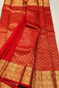 Bright Red Banarasi Soft Silk Saree with Diamond Zari Jaal and Striped Gold Pallu  in Surat