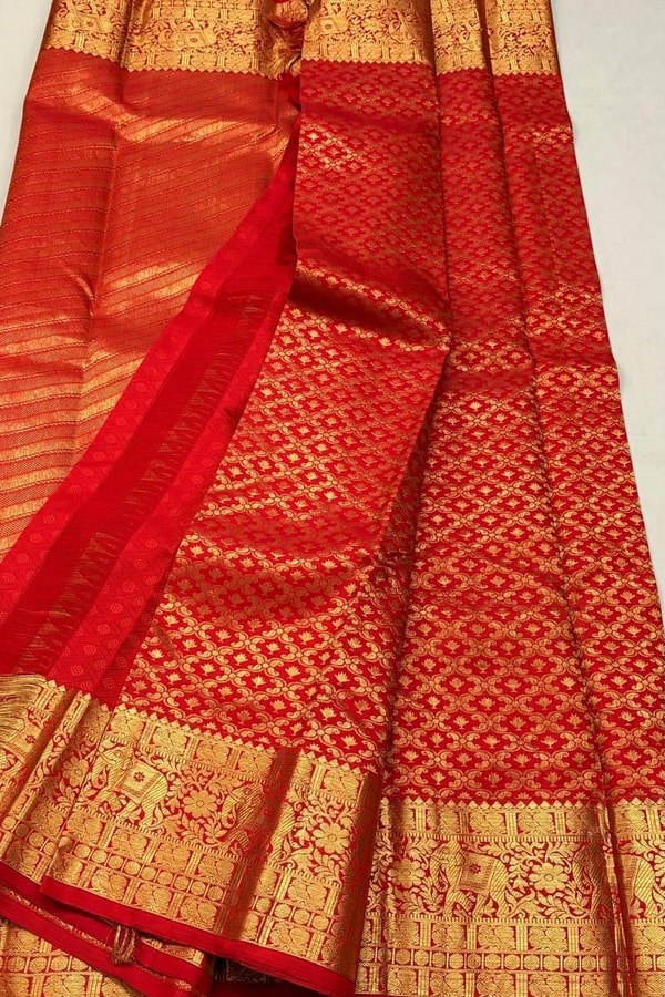 Bright Red Banarasi Soft Silk Saree with Diamond Zari Jaal and Striped Gold Pallu  in Surat