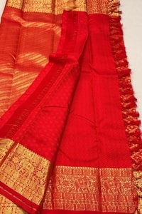 Bright Red Banarasi Soft Silk Saree with Diamond Zari Jaal and Striped Gold Pallu  in Surat