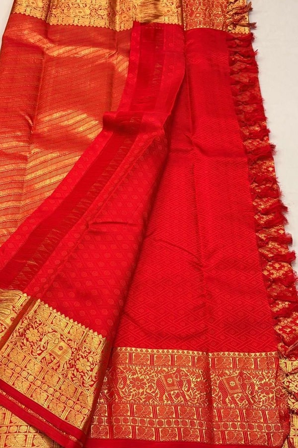 Bright Red Banarasi Soft Silk Saree with Diamond Zari Jaal and Striped Gold Pallu  in Surat