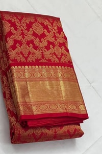 Bright Red Banarasi Soft Silk Saree with Fine Gold Zari Floral Jaal and Plain Red Blouse  in Surat