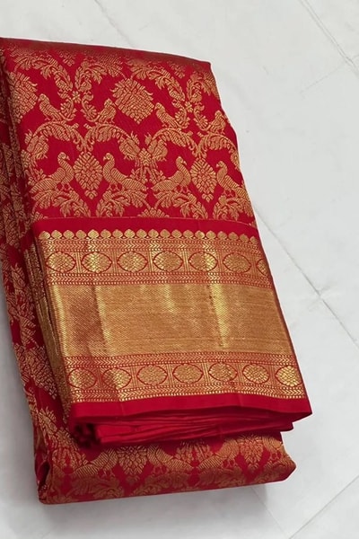 Bright Red Banarasi Soft Silk Saree with Fine Gold Zari Floral Jaal and Plain Red Blouse in Surat