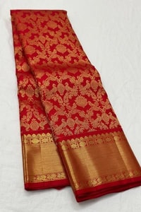 Bright Red Banarasi Soft Silk Saree with Fine Gold Zari Floral Jaal and Plain Red Blouse  in Surat