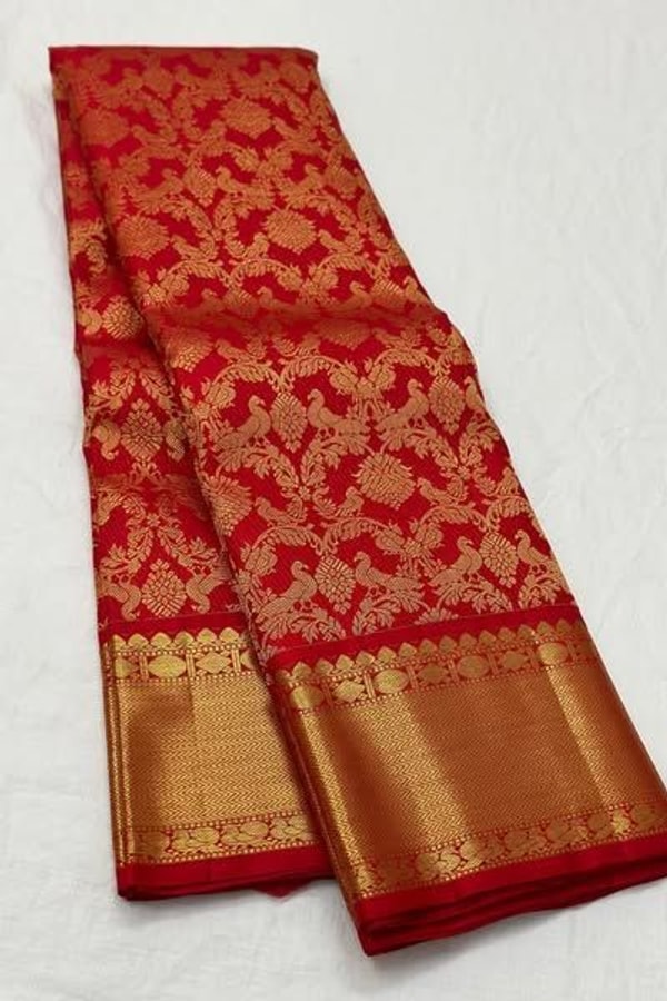 Bright Red Banarasi Soft Silk Saree with Fine Gold Zari Floral Jaal and Plain Red Blouse  in Surat