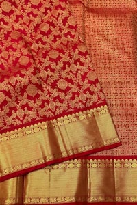 Bright Red Banarasi Soft Silk Saree with Fine Gold Zari Floral Jaal and Plain Red Blouse  in Surat