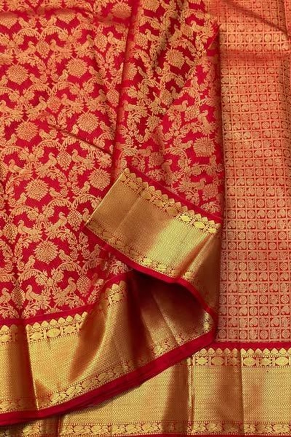 Bright Red Banarasi Soft Silk Saree with Fine Gold Zari Floral Jaal and Plain Red Blouse  in Surat