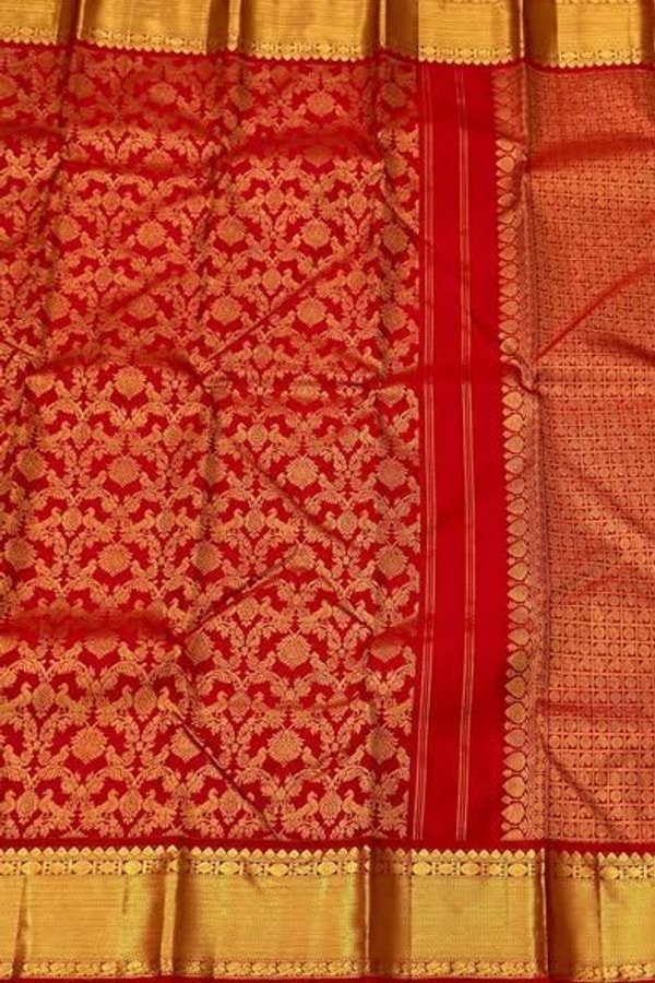 Bright Red Banarasi Soft Silk Saree with Fine Gold Zari Floral Jaal and Plain Red Blouse  in Surat