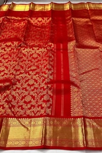 Bright Red Banarasi Soft Silk Saree with Fine Gold Zari Floral Jaal and Plain Red Blouse  in Surat