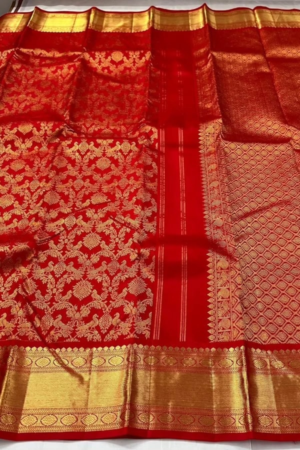 Bright Red Banarasi Soft Silk Saree with Fine Gold Zari Floral Jaal and Plain Red Blouse  in Surat