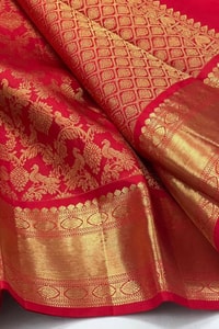 Bright Red Banarasi Soft Silk Saree with Fine Gold Zari Floral Jaal and Plain Red Blouse  in Surat