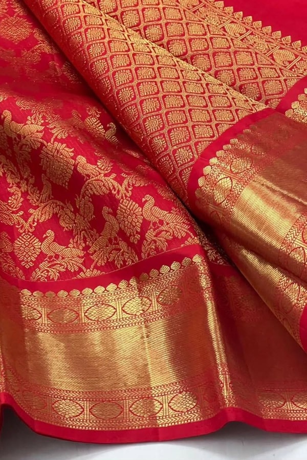 Bright Red Banarasi Soft Silk Saree with Fine Gold Zari Floral Jaal and Plain Red Blouse  in Surat