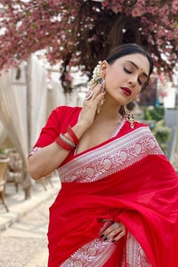 Bright Red Banarasi Soft Silk Saree with Silver Zari Weaving and Shimmering Silver Border  in Surat