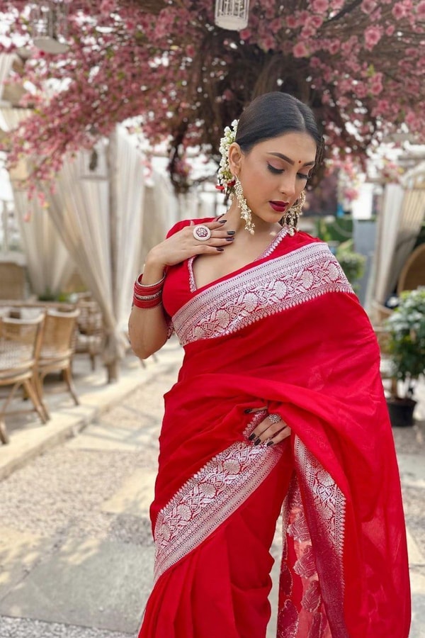 Bright Red Banarasi Soft Silk Saree with Silver Zari Weaving and Shimmering Silver Border  in Surat