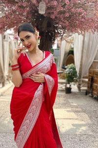 Bright Red Banarasi Soft Silk Saree with Silver Zari Weaving and Shimmering Silver Border  in Surat
