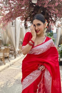 Bright Red Banarasi Soft Silk Saree with Silver Zari Weaving and Shimmering Silver Border  in Surat