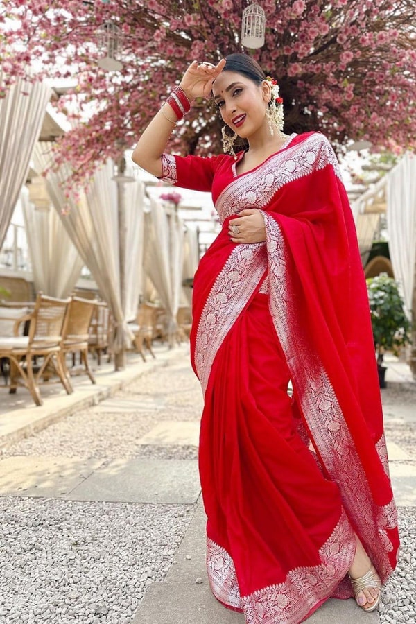 Bright Red Banarasi Soft Silk Saree with Silver Zari Weaving and Shimmering Silver Border  in Surat