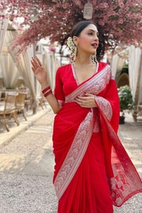 Bright Red Banarasi Soft Silk Saree with Silver Zari Weaving and Shimmering Silver Border  in Surat