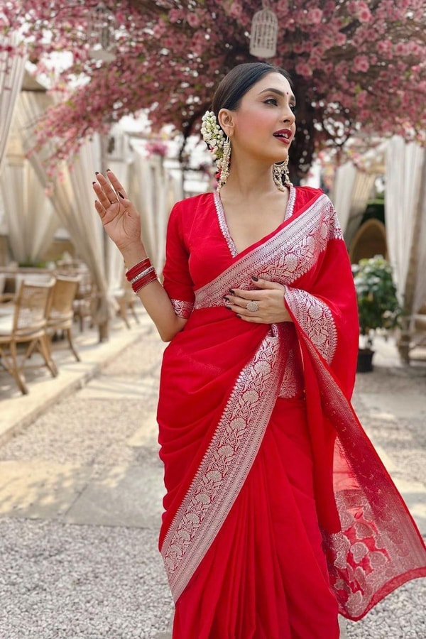 Bright Red Banarasi Soft Silk Saree with Silver Zari Weaving and Shimmering Silver Border  in Surat
