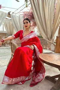 Bright Red Banarasi Soft Silk Saree with Silver Zari Weaving and Shimmering Silver Border  in Surat
