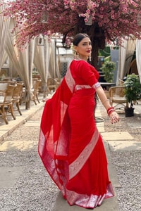 Bright Red Banarasi Soft Silk Saree with Silver Zari Weaving and Shimmering Silver Border  in Surat