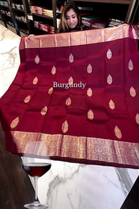 Burgundy Banarasi Soft Silk Saree with Pale Zari Leaf Buttas and Wide Brocade Pallu  in Surat