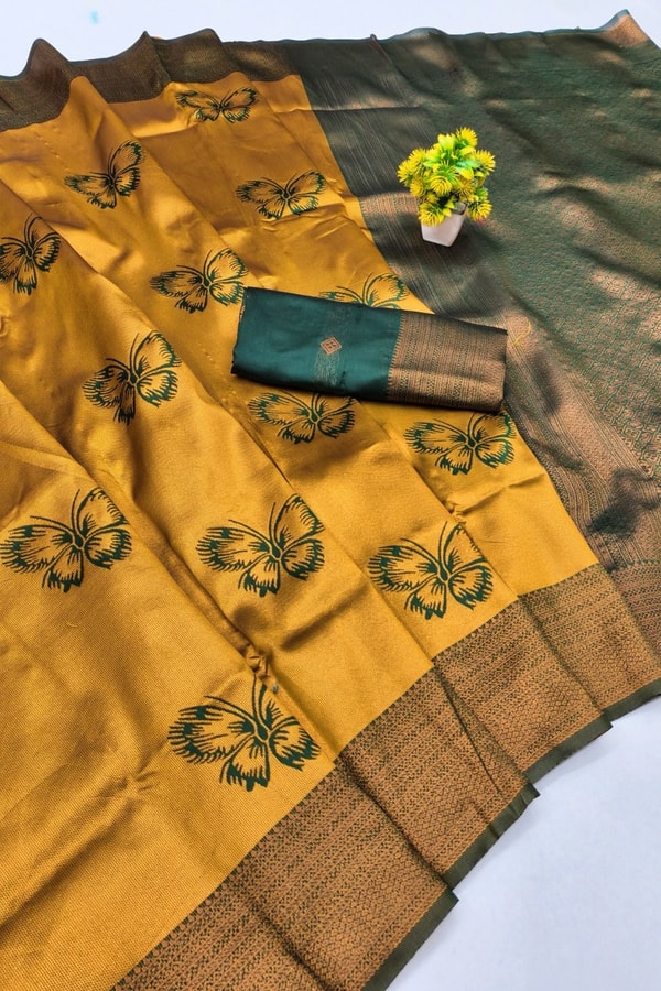 Butterfly Motif Two-Tone Banarasi Soft Silk Saree with Zari Weaving in Eight Shades  in Surat