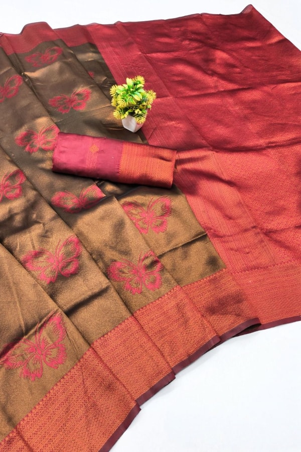 Butterfly Motif Two-Tone Banarasi Soft Silk Saree with Zari Weaving in Eight Shades  in Surat