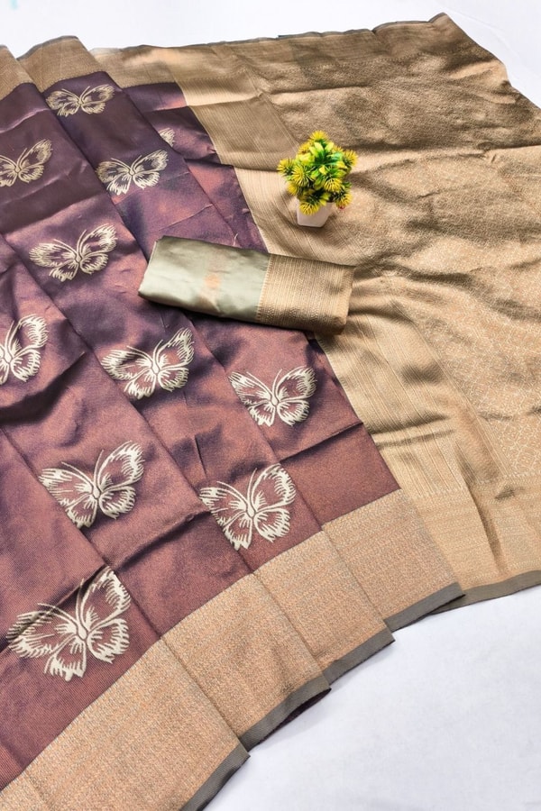Butterfly Motif Two-Tone Banarasi Soft Silk Saree with Zari Weaving in Eight Shades  in Surat