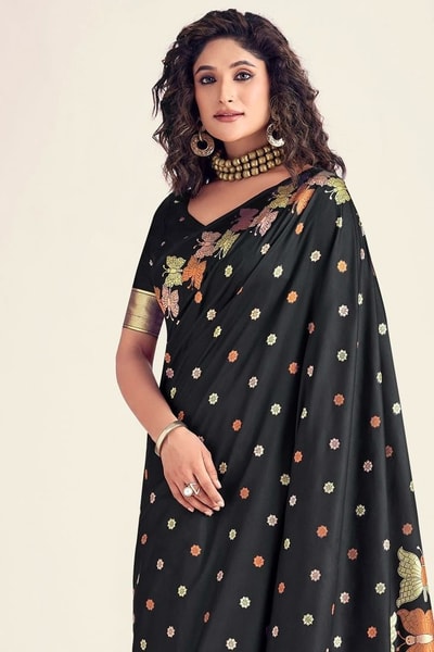 Butterfly Pallu Banarasi Soft Silk Saree with Gold, Copper and Silver Zari Buttas in Surat