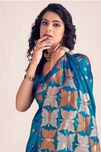 Butterfly Pallu Banarasi Soft Silk Saree with Gold, Copper and Silver Zari Buttas  in Surat