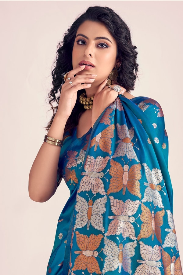 Butterfly Pallu Banarasi Soft Silk Saree with Gold, Copper and Silver Zari Buttas  in Surat
