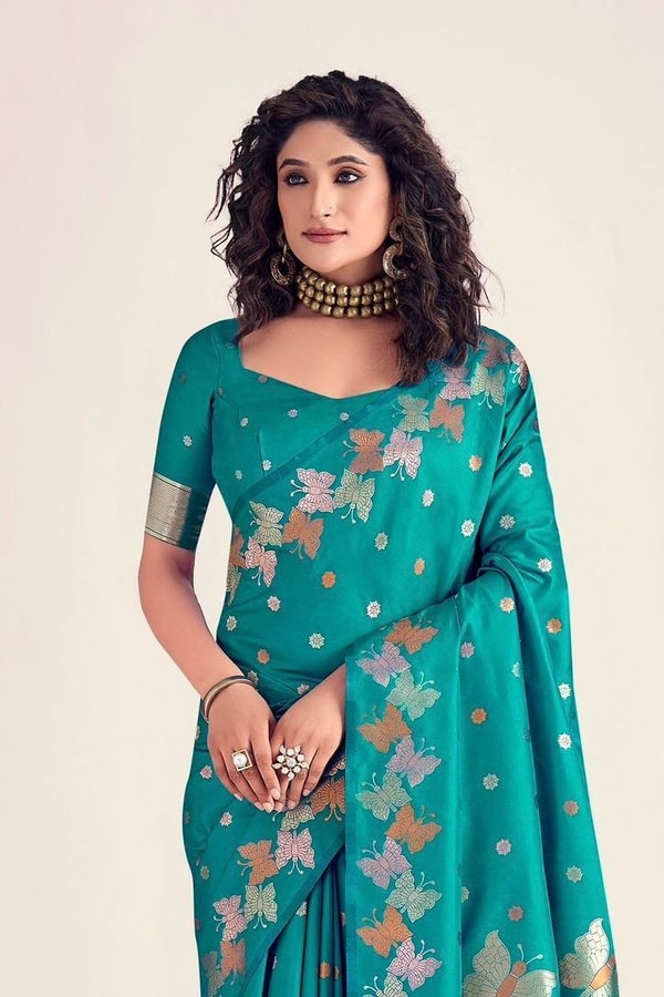 Butterfly Pallu Banarasi Soft Silk Saree with Gold, Copper and Silver Zari Buttas  in Surat