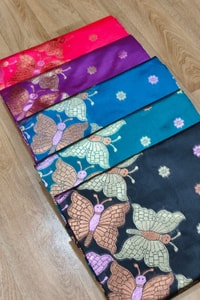 Butterfly Pallu Banarasi Soft Silk Saree with Gold, Copper and Silver Zari Buttas  in Surat