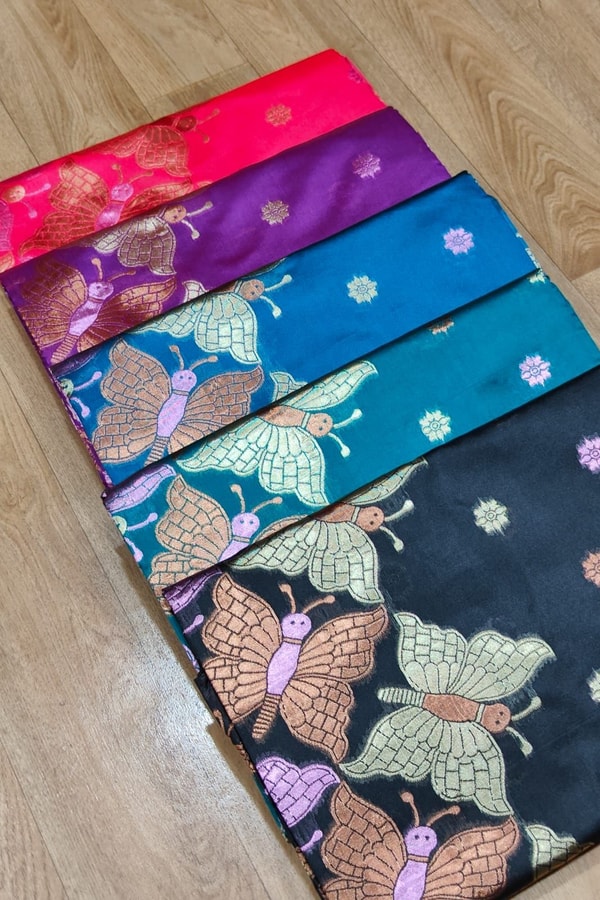Butterfly Pallu Banarasi Soft Silk Saree with Gold, Copper and Silver Zari Buttas  in Surat
