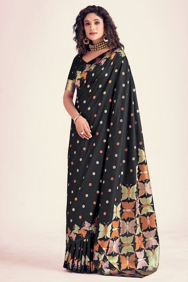Butterfly Pallu Banarasi Soft Silk Saree with Gold, Copper and Silver Zari Buttas  in Surat