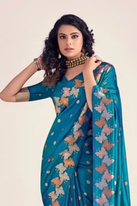 Butterfly Pallu Banarasi Soft Silk Saree with Gold, Copper and Silver Zari Buttas  in Surat