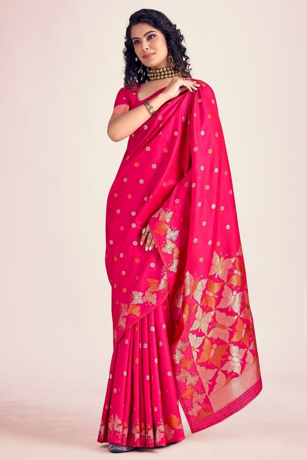 Butterfly Pallu Banarasi Soft Silk Saree with Gold, Copper and Silver Zari Buttas  in Surat