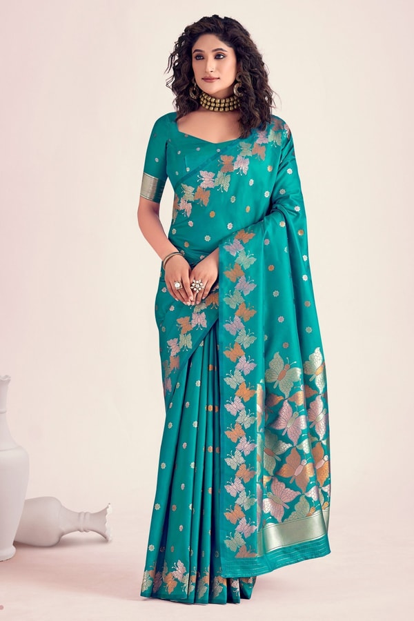Butterfly Pallu Banarasi Soft Silk Saree with Gold, Copper and Silver Zari Buttas  in Surat