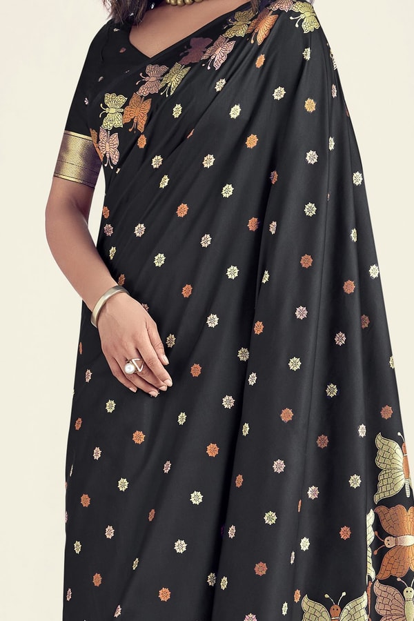 Butterfly Pallu Banarasi Soft Silk Saree with Gold, Copper and Silver Zari Buttas  in Surat