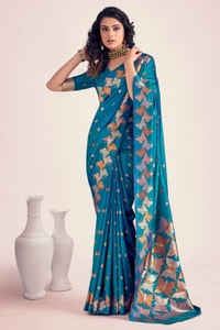Butterfly Pallu Banarasi Soft Silk Saree with Gold, Copper and Silver Zari Buttas  in Surat
