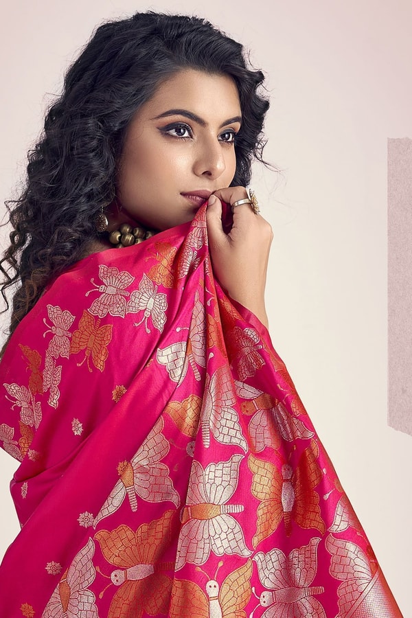 Butterfly Pallu Banarasi Soft Silk Saree with Gold, Copper and Silver Zari Buttas  in Surat