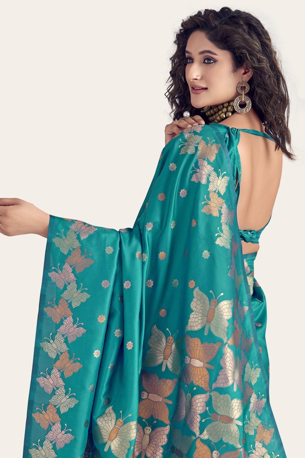 Butterfly Pallu Banarasi Soft Silk Saree with Gold, Copper and Silver Zari Buttas  in Surat