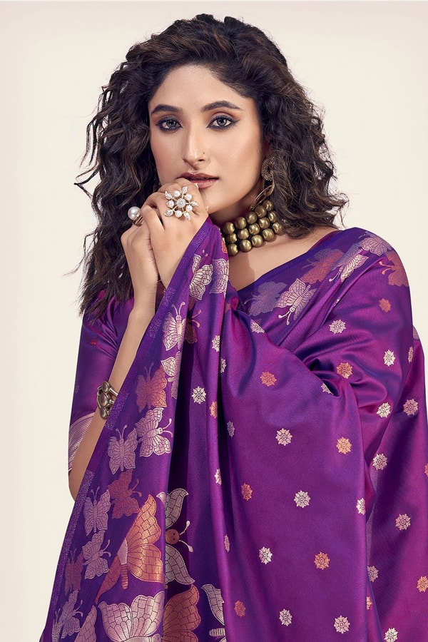 Butterfly Pallu Banarasi Soft Silk Saree with Gold, Copper and Silver Zari Buttas  in Surat