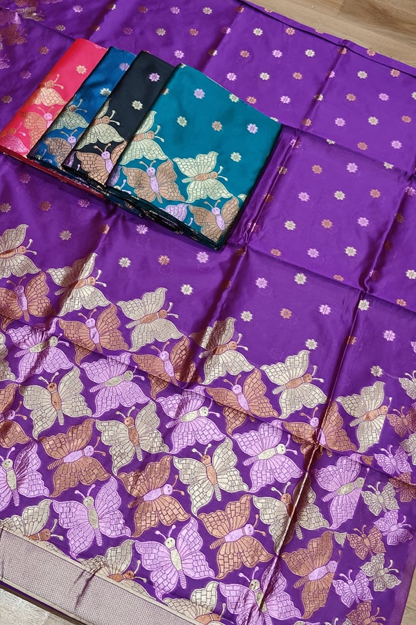 Butterfly Pallu Banarasi Soft Silk Saree with Gold, Copper and Silver Zari Buttas  in Surat