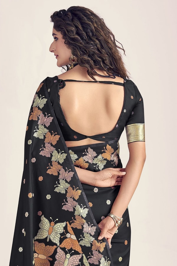 Butterfly Pallu Banarasi Soft Silk Saree with Gold, Copper and Silver Zari Buttas  in Surat