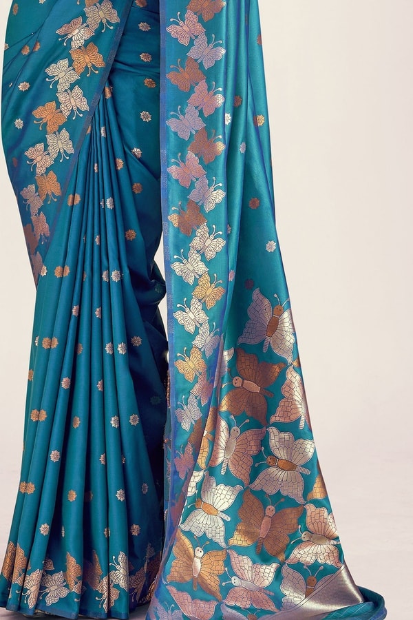 Butterfly Pallu Banarasi Soft Silk Saree with Gold, Copper and Silver Zari Buttas  in Surat